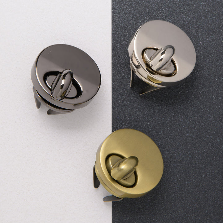 25mm turn locks in nickel, gun metal and antique brass